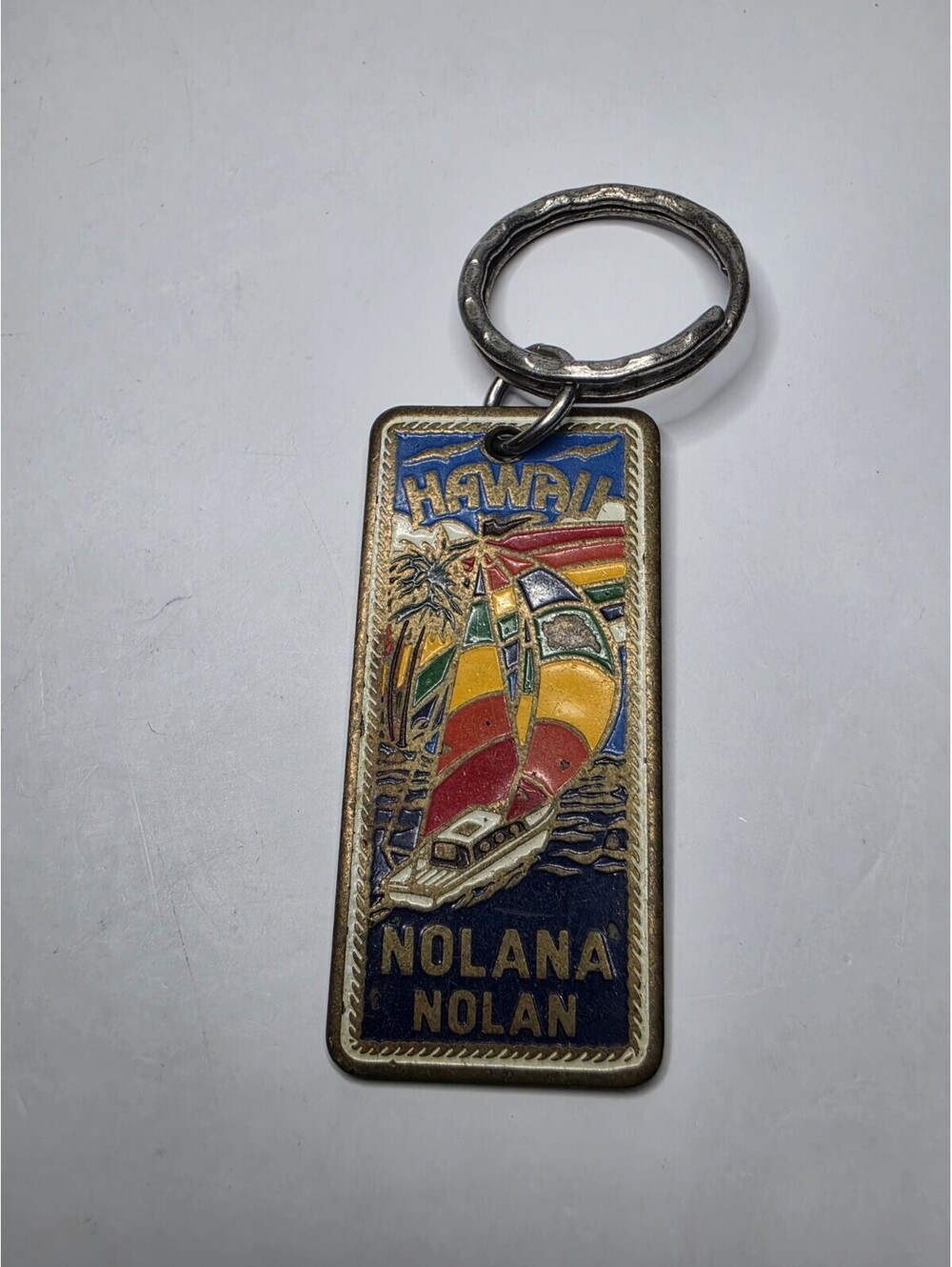 Vintage Hawaii Nolana Nolan Rainbow Sailboat Enamel Keychain